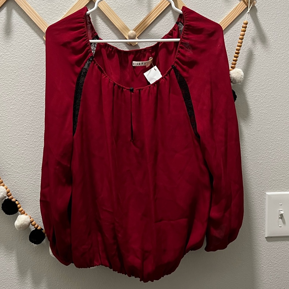 Alice + Olivia Red Silk with Black Lace Top - Picture 1 of 7